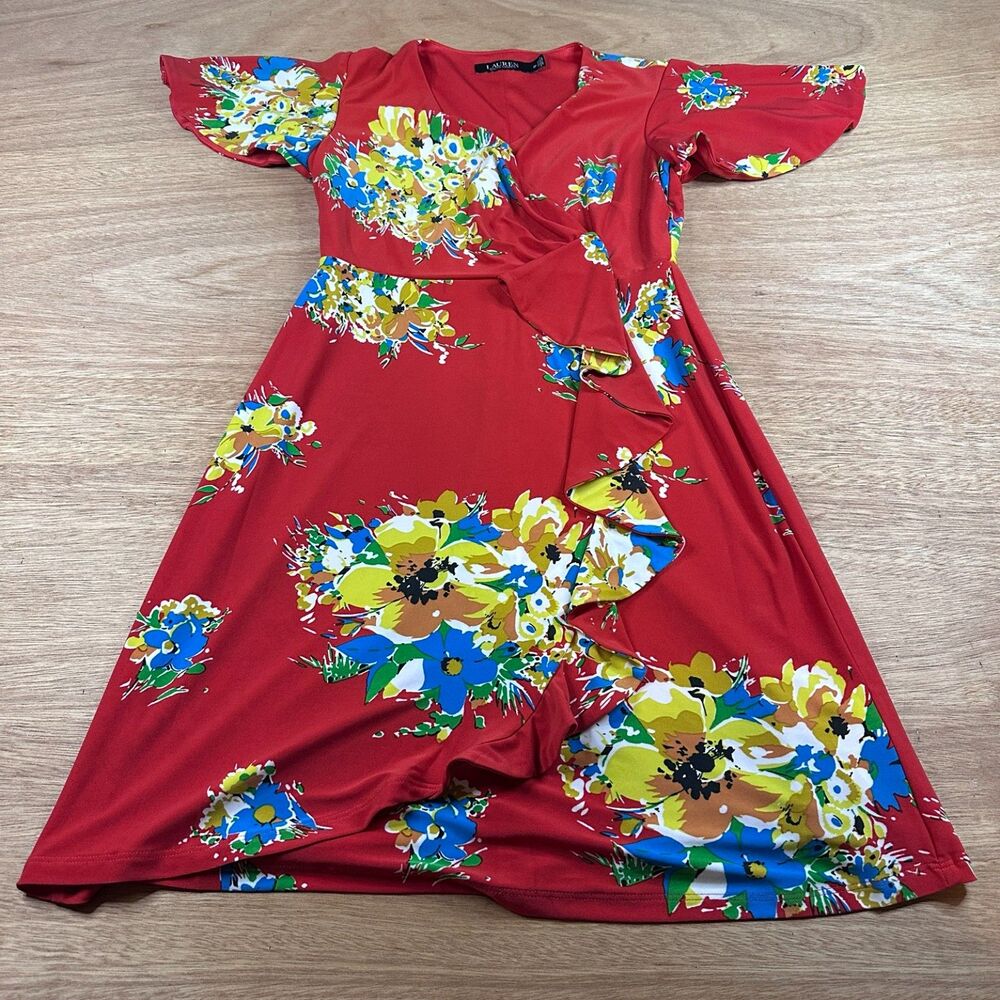 Lauren Ralph Lauren Floral Faux Wrap Dress Womens 0P Red Flutter Sleeve Midi